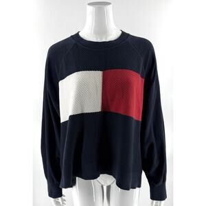 Tommy Hilfiger Sweater Size XXL Cotton Cropped Slouchy Y2K Navy Red White Womens